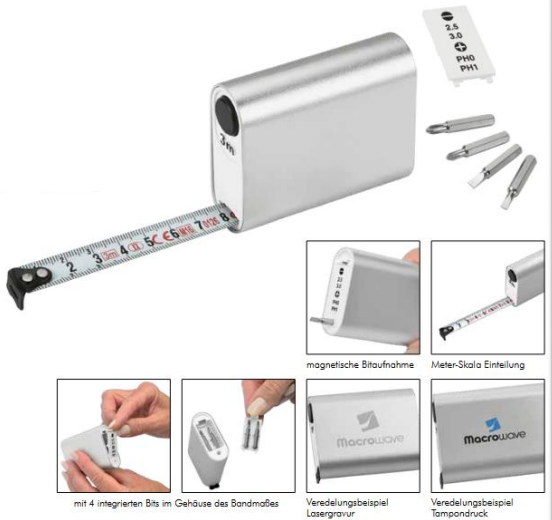 3 Meter Bandmaß mit automatischem Bandfeststellmechanismus und Bit-Set